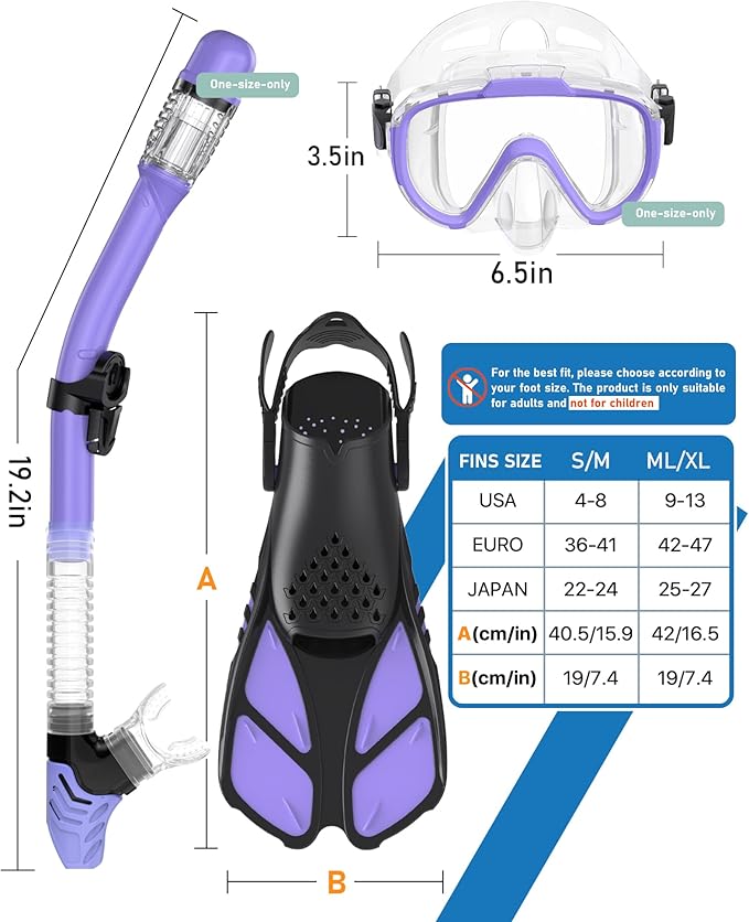 Snorkeling Gear for Adults Men Women,4 in 1 Snorkel Set with Panoramic View Diving Mask Anti-Fog Anti-Leak,Dry Top Snorkel,Fins and Travel Bag for Swimming,Snorkeling and Travel Diving