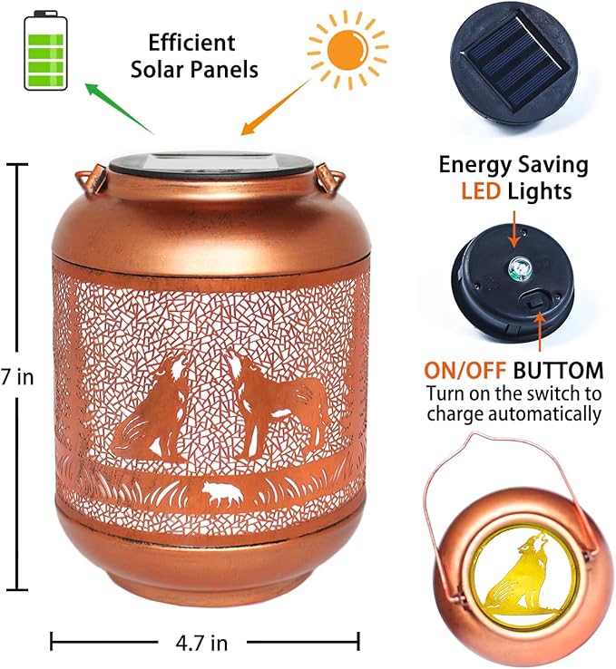 Wolf Solar Lanterns Outdoor Waterproof Hanging Solar Lights Wolf Gifts for Women Men Mom Metal Decorative LED Outdoor Lanterns for Patio, Lawn, Landscape, Garden Decor, Yard Decorations