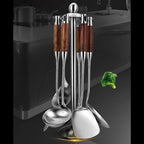 Cooking Utensils Set,7pcs 304 Stainless Steel Kitchen Utensils Set with Holder,Heat Resistant Wooden Handle Kitchen Tools