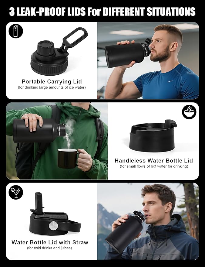 Tactical Half Gallon Water Bottle with Straw, 64 oz Insulated Water Jug with Molle Sleeve, Stainless Steel Sport Bottle with 3 BPA Free Lids for Gym Workout Hiking (Gray, 64OZ)