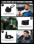 Tactical Half Gallon Water Bottle with Straw, 64 oz Insulated Water Jug with Molle Sleeve, Stainless Steel Sport Bottle with 3 BPA Free Lids for Gym Workout Hiking (Gray, 64OZ)