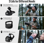 OneTigris Tactical Half Gallon Water Bottle with Straw - 64 oz Vacuum Insulated Stainless Steel Water Jug, Leakproof Sport Bottle with 3 BPA Free Lids, Paracord Handle & MOLLE Water Pouch for Outdoor