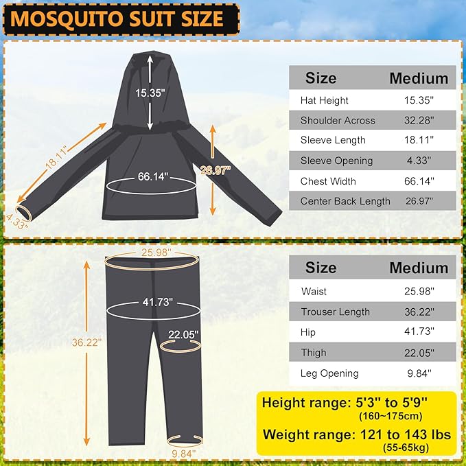 South to East Mosquito Suit - Net Bug Mesh Pants & Jacket with Hood for Outdoor Protection from Bugs, Flies, Gnats, No-See-Ums & Midges - Mosquito Clothing for Men & Women with Carrybag, M Size