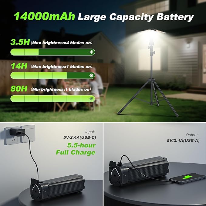 Camping Lights with Remote & Stand 8.2 Ft,14000 mAh Rechargeable Camping Lantern Tent Light, 6000 Lumen Magnetic Work Light,Portable Outdoor Light for Hiking,Camping,Emergency,Power Outages