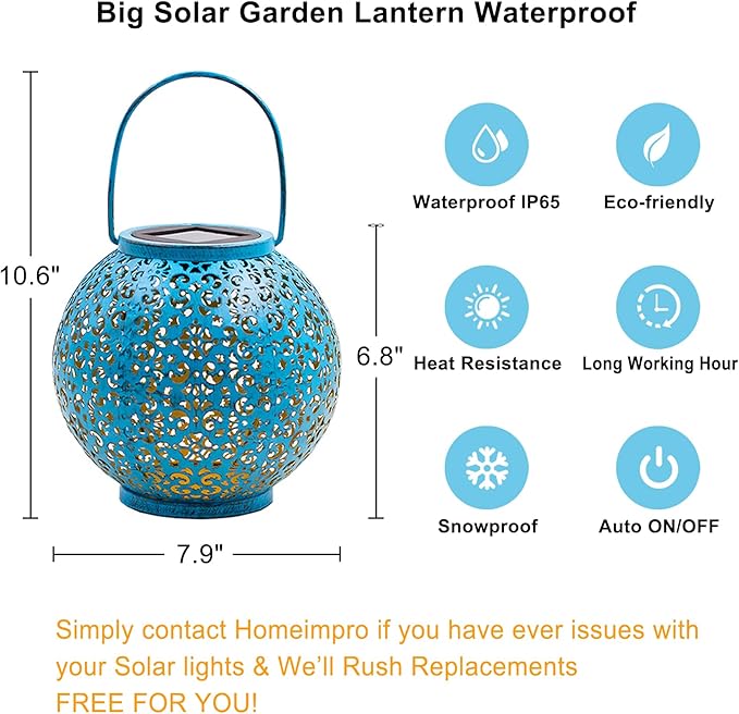 Homeimpro Solar Big Lanterns Outdoor Waterproof Garden Gifts Mom, Metal Table Lights for Patio, Yard Art, Mothers Day Bithday Gifts for Women Men(1Pack, Teal Blue)