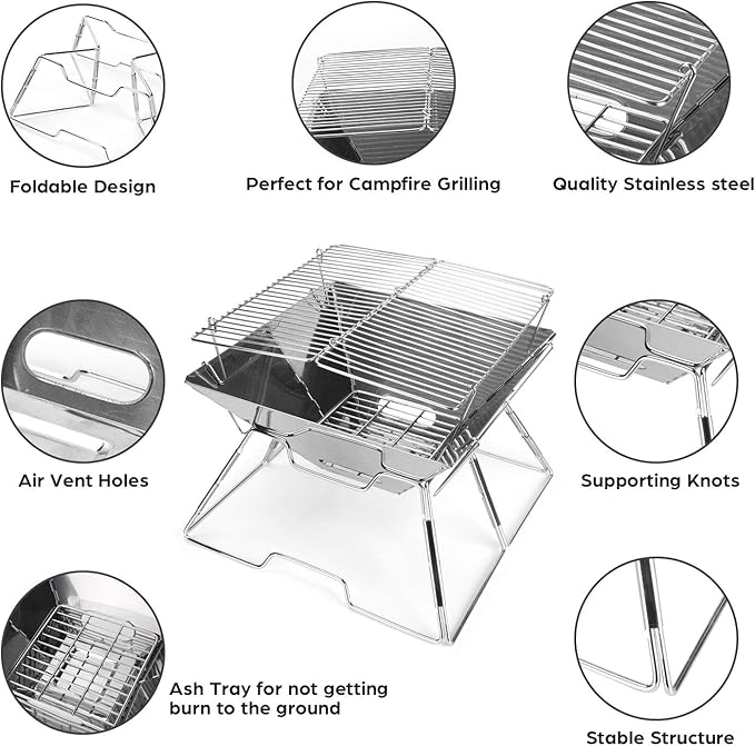 Odoland Folding Campfire Grill, 304 Stainless Steel Grate Barbeque Grill, Portable Camping Grill with Legs for Picnics, Backpacking, Outdoor with Carrying Bag and Kitchen Tongs