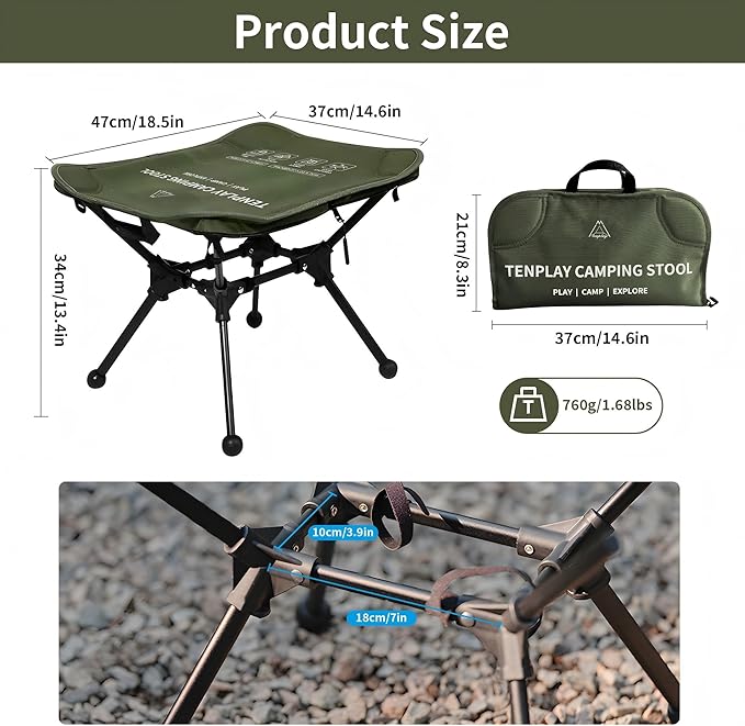 TENPLAY Portable Camping Stools for Adults Heavy Duty,Holds Up to 330lbs,18 Inch Oversized Folding Stools with All-in-One Seat & Carry Bag Design for Camping Outdoor Beach Travel Hiking Fishing Green