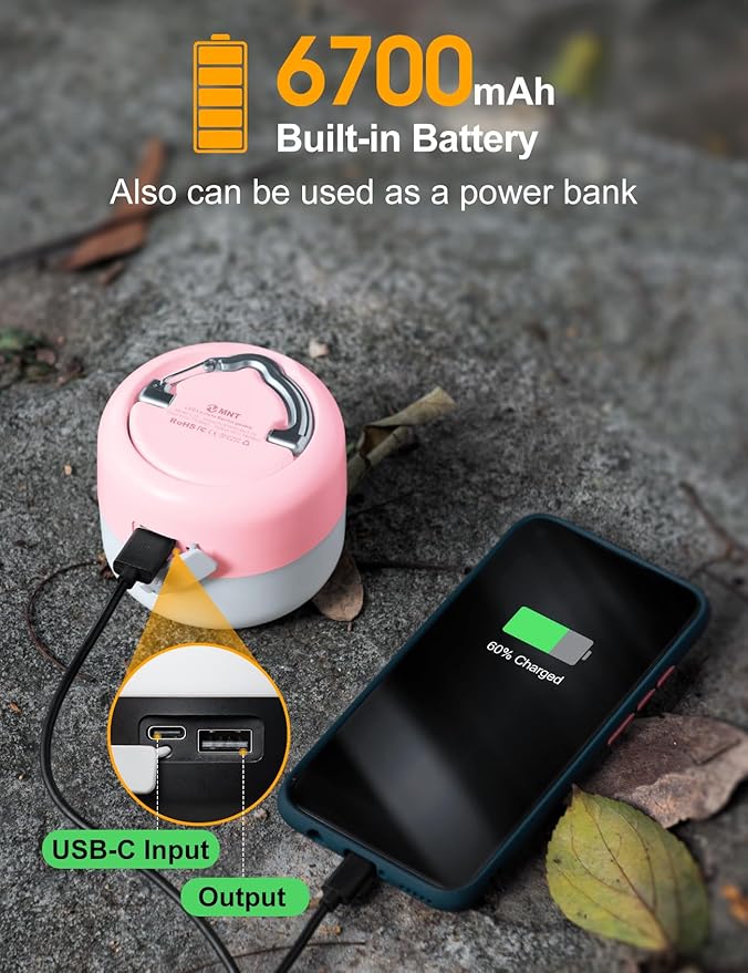 LED Camping Lantern Rechargeable 1000LM, Up to 320H Running Time Camping Tent Light, 6700mAh Emergency Light for Hurricane, Power Outages, Home, Hiking, Water-Resistant Pink