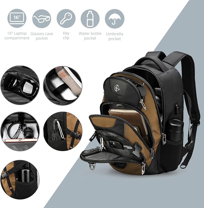 Swissdigital Design Laptop Backpack, Travel Backpack with USB Charging Port Fits 15.6 inches Computer, 31L College School Bookbag for Men,Tan/Black | SD803-34