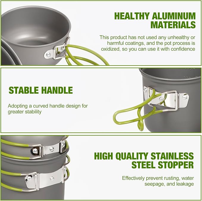 SS SUNSBELL Camping Cooking Set, Non-Stick Camping Pot and Pan Set, Portable Camping Cookware with Foldable Cutlery, 1-2 People Multifunctional Outdoor Cooking Equipment for Hiking, Picnicking