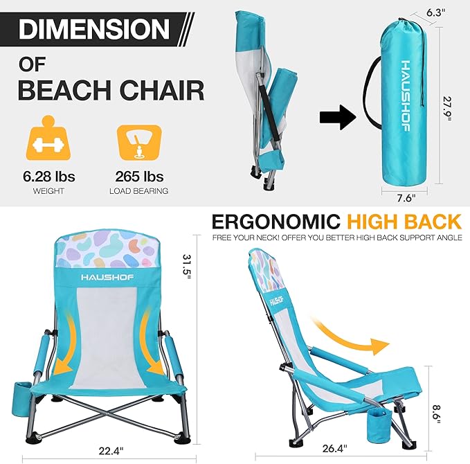 HAUSHOF 2-Pack Blue High Back Beach Chairs with Colored Dots, Durable 600D Oxford Fabric, Industrial Grade Iron, Maximum Seated Weight Capacity: 265 lbs, Ergonomic Design