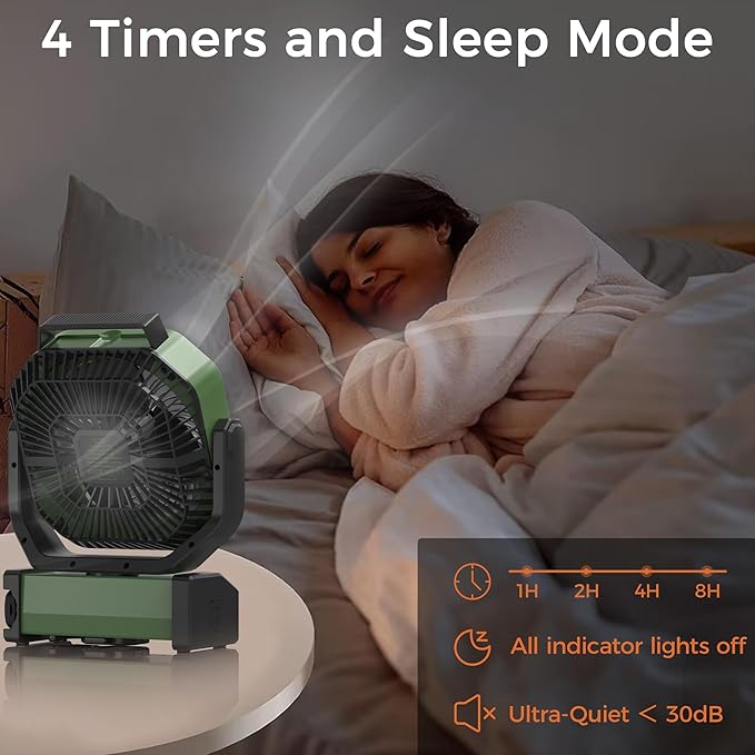 Camping Fan with Light - 20000mAh Rechargeable Battery Fan, 112Hrs Max Run Time, 8 Speeds, Digital Display, Timer, Auto Oscillation, 270° Pivot & Hook for Camping, Power Outage, Hurricane (Army Green)