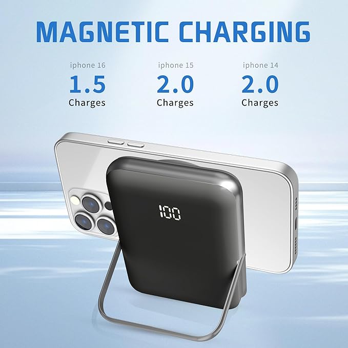 EKR for Magsafe Portable Charger,10000mAh PD20W Magnetic Wireless Power Bank,Fast Charging Battery Pack with Zinc Alloy Stand,Compatible with iPhone 16/15/14/13/12 Series,Samsung Android Series B