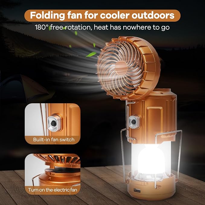 Camping Lanterns with Fan,Solar Camping Fan Charging for Phone, Rechargeable LED Lanterns Camping Fans for Tents Power Outage Hurricanes Camping Gear(Gold)
