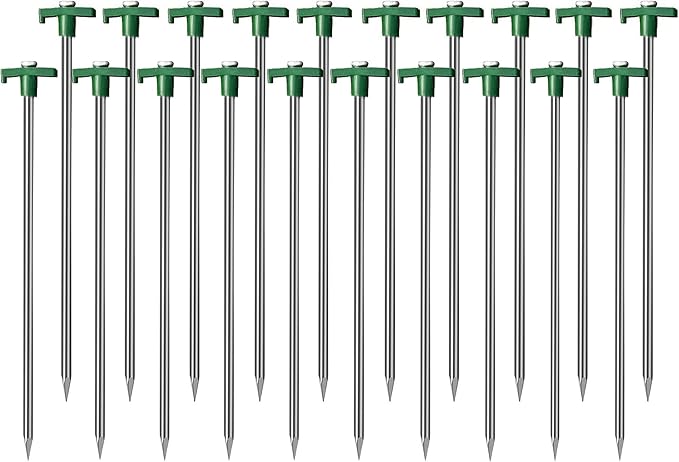 Cheardia 20 Pack Tent Stakes Heavy Duty, 9.75 Inch Yard Stakes Non-Rust Metal Tent Pegs Ground Stakes Tent Spikes for Camping Patio, Garden, Canopies, Grassland, Outdoor,Green