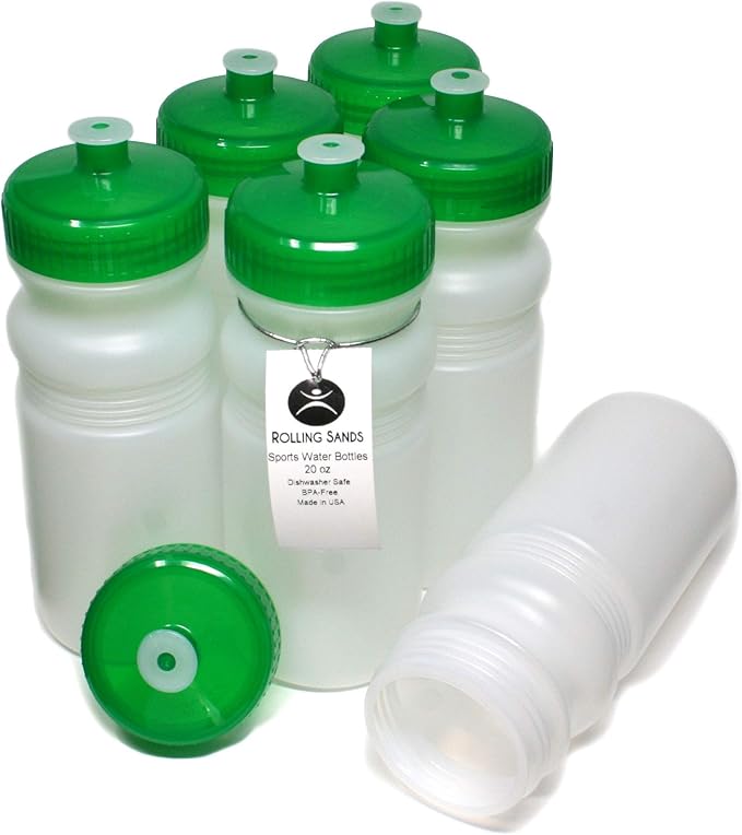 Rolling Sands USA Made 20 Ounce Sports Water Bottles - 6-Pack BPA-Free Blank Sports Bottles for Small Teams, Adults & Kids - Clear Frost Bottle/Green Lid, No Smell No Taste