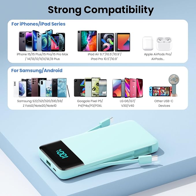 FOCHEW Portable Charger Built-in Cables and Wall Plug,13800mAh Fast Charging USB C Power Bank,4 Outputs Travel Essential Battery Pack for iPhone 17/16/15/14/13,Galaxy,Android -Green