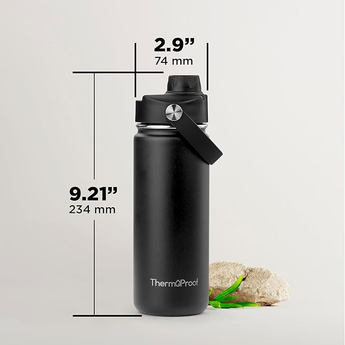 ThermoProof Insulated Water Bottle – Stainless Steel, Wide Mouth, Flip & Spout Lids, Leakproof, Dishwasher Safe, Reusable – Keeps Drinks Hot or Cold – for Adults & Kids – 18oz, Black