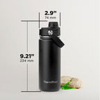 ThermoProof Insulated Water Bottle – Stainless Steel, Wide Mouth, Flip & Spout Lids, Leakproof, Dishwasher Safe, Reusable – Keeps Drinks Hot or Cold – for Adults & Kids – 18oz, Black