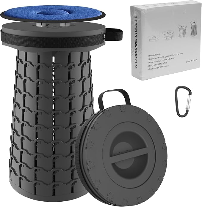 ALEVMOOM 2025 Upgraded XXL Collapsilbe Stool with Cushion,More Sturdy and Height 19.7“,D11.8”,Portable and Lightweight Adjustable Telescoping Stool for Camping Hiking BBQ Max Loading 1000Ibs