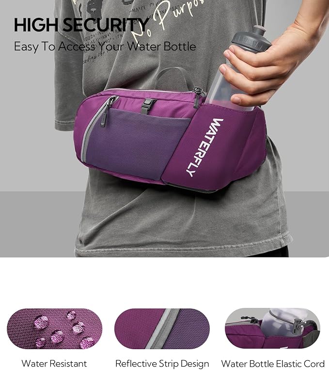 WATERFLY Fanny Pack Waist Bag: Hiking Water Bottle Holder with Strap Waist Pack for Women Men Hydration Hip Packs for Running Walking Traveling-Dark Purple