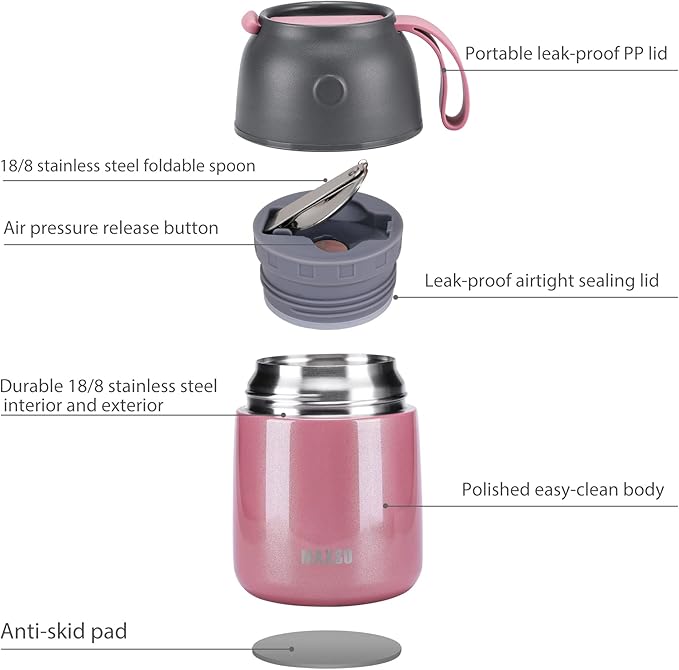 MAXSO Soup Thermo for Hot & Cold Food for Adults Kids, 17 oz Vacuum Insulated Steel Lunch Container Bento Box with Spoon, Leakproof Thermal Food Jar for School Office Travel - Pink