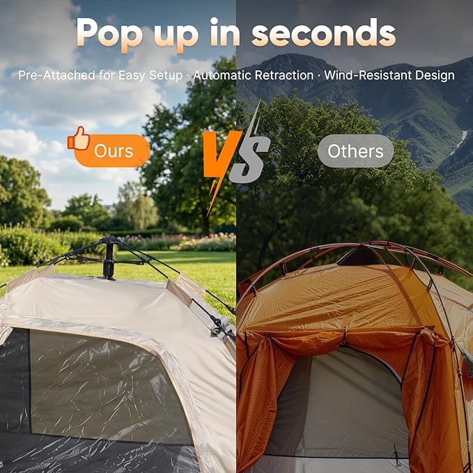Golabs Pop Up Camping Tent for 2/3/4 Person, 1-Min Setup by Pre-Attached Pole, 4 Side Mesh& Door for View/Airflow, CT2 Instant Canopy Tent with PU1500mm Waterproof, for Outdoor/Camping/Music Festivals