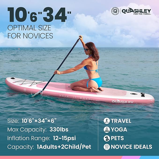 Quashley Inflatable Stand Up Paddle Board,10-11ft Inflatable Paddleboards 32/34 Inch Wide,All Around SUP for Beginners with Lightweight Paddle,Hand Pump,Backpack,Leash,Durable & Portable iSUP Board