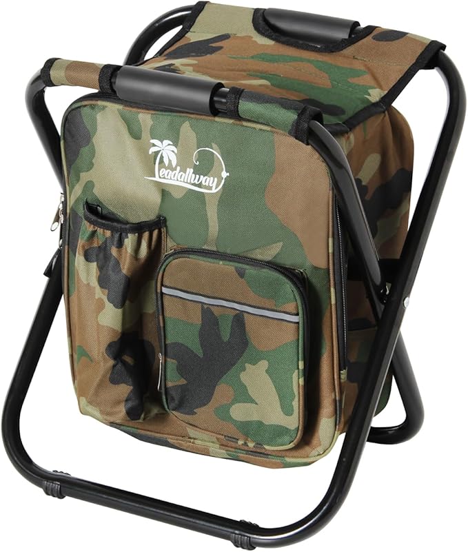 LEADALLWAY Backpack Fishing Chair with Cooler Bag Foldable Stool,Fishing Hunting Gifts for Men,Outdoor,Camping,Paints,BBQ,Beach,Picnic,Hiking,Concert, Camouflage