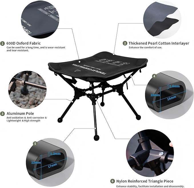 TENPLAY Portable Camping Stools for Adults Heavy Duty,Holds Up to 330lbs,18 Inch Oversized Folding Stools with All-in-One Seat & Carry Bag Design for Camping Outdoor Beach Travel Hiking Fishing Black