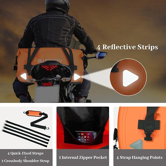 Waterproof Motorcycle Duffel Bag Roll Top Dry Duffel Bag with Quick-fixed Straps for Rafting, Boating, Kayaking, Travel, 50L(Orange)