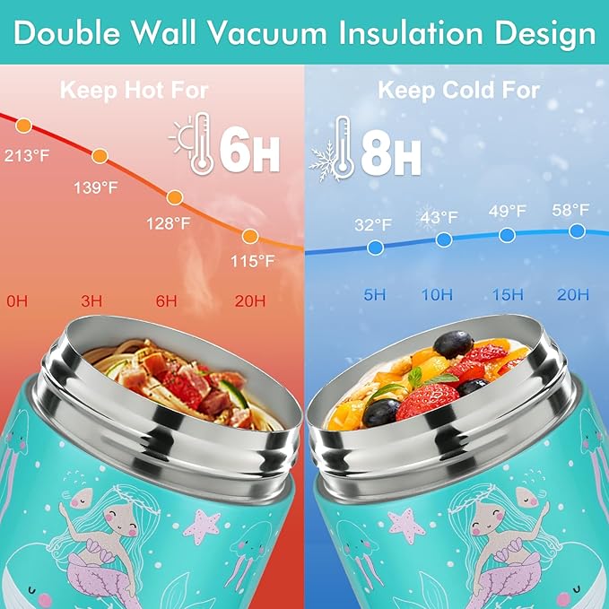 12oz 2 Pack Insulated Food Jar Set for Kids Soup Thermo Hot Food Lunch Container Wide Mouth Leak Proof Stainless Steel Vacuum Bento Box for School Office Travel Outdoors