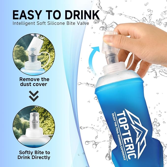 Collapsible Soft Flask Water Bottle, TPU Soft Folding Flexible Water Bottles for Hydration Pack/Running Vest, BPA/PVC Free, Ideal for Running Hiking Cycling Climbing (250ml-2 Pack)