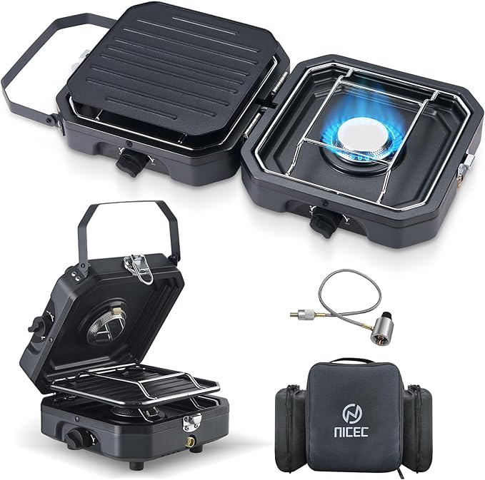 Nice C Camping Stove, Portable Camping Stove Propane, 2 Burner Propane Stove with Grill, Camp Stove, 16,000 BTU Camp Stove with 2 Burner, Grill & Carry Bag for Camping