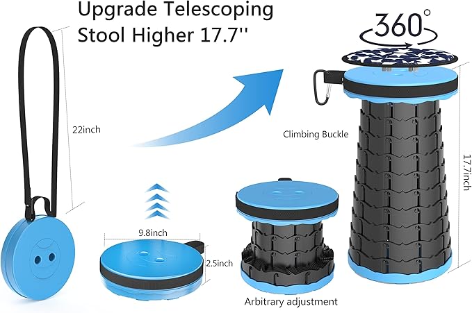ALEVMOOM Camping Stool with Cushion,Portable Telescoping More Sturdy Capacity 440Ib,Retractable Collapsible Adjustable Folding Stool for Hiking Fishing Garden BBQ