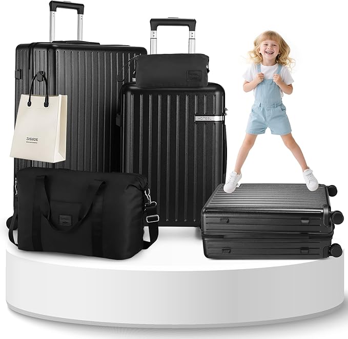 Hoteel 5 Piece Luggage Set (4-YEAR WARRANTY) ABS+PC Hardshell Carry on Suitcase with Spinner Wheels & TSA Lock for Men and Women, Rolling Suit Case for Plane, Travel, Business, Black (20/24/28/DB/TB)