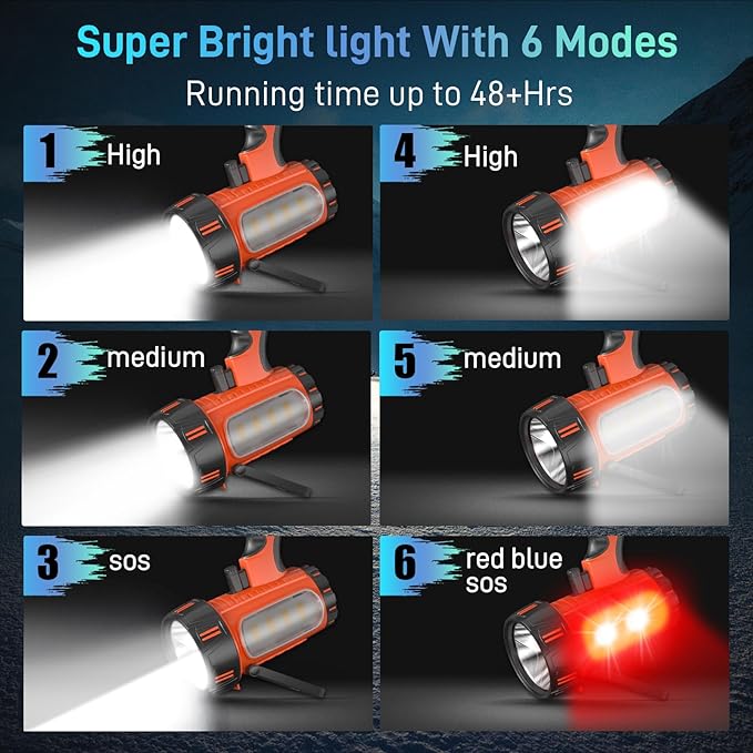 2025 New Super Bright Rechargeable Spotlight 90,000 Lumen Flashlight Handheld Spotlight,10000mAh Spot Light Outdoor Runtime 48+ Hrs,Flashlight Searchlight Flood Camping Hunting Boating with Tripod