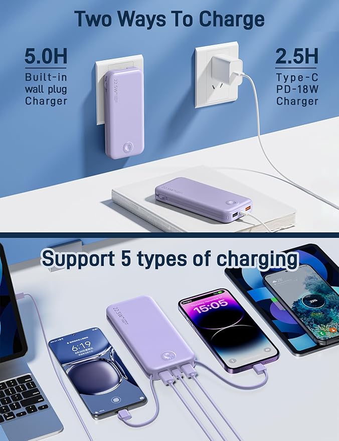 Portable Charger with Built in Cable and AC Wall Plug, USB C Power Bank 12000mAh 22.5W Super Fast Charging, Lightweight Portable Phone Charger Travel Battery Pack for iPhone, ect