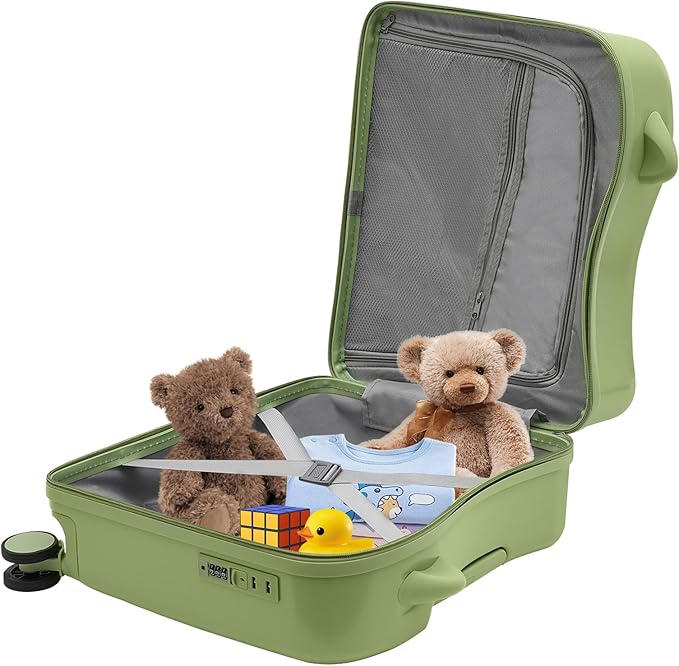 18 Inch Kid Ride On Suitcase, Ride-on Luggage with 4 Universal Wheels, Cute Lightweight Tow-Along Luggage with Password Lock, Rolling Luggage for Short Trips, School Trips, Outings (Olive green)