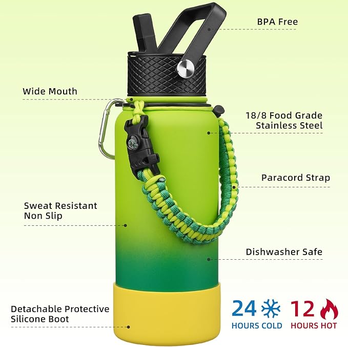 BJPKPK 32oz Insulated Water Bottles with 3 Lids, Paracord Handle & Non-slip Boot, Stainless Steel Metal Water Bottle,Reusable BPA Free Thermo, Tumblers, Bamboo Grove
