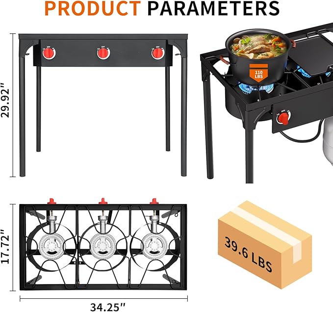 SKOK 3 Burner Propane Stove - Portable Camping Stove with 225,000 High Efficiency Propane Burner，Outdoor Stove for Camping, Backyard, Picnic