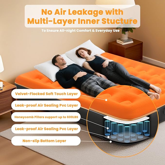 Queen Air Mattress with Built-in USB Rechargeable Pump, 10’’ Blow up Mattress for Adults, 600 LBS Portable Air Bed,Camping Inflatable Mattress for Guest, Camping, Home & Travel, Carry Bag Included