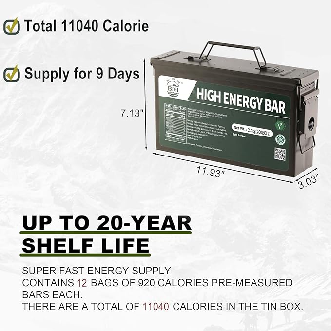 Emergency Food Ration Bars - Waterproof Metal Storage Box Packing, Metal Ammo Can, Long Shelf Life Emergency Food Supplies, 9 Days Food Rations Supply for Outdoor Camping Hiking Snowstorm,12 Count