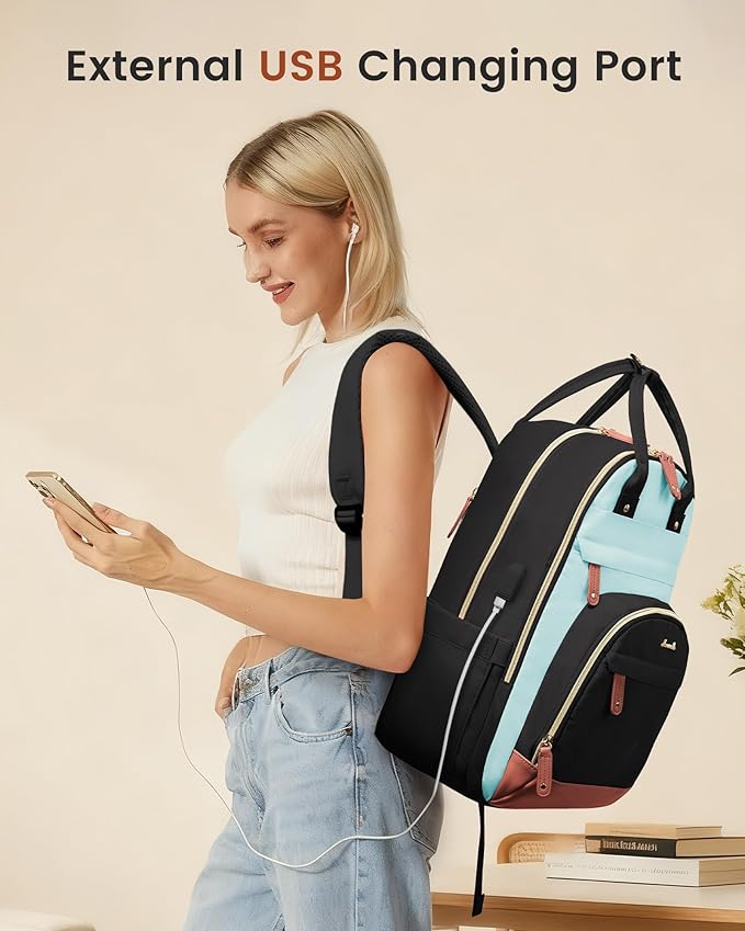 LOVEVOOK Laptop Backpack Women with USB Port Design,15.6 inch Waterproof Work Travel Backpack Computer Laptop Bag,Cute College Nurse Teacher Backpack Purse,Gifts for Women & Men,Black-Light Blue