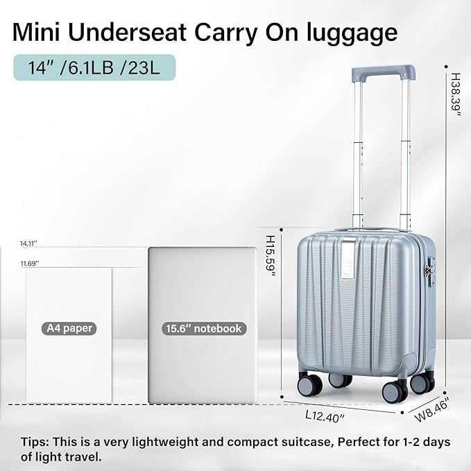 Hanke 14 Inch Underseat Carry On Luggage with Wheels Hard Shell Suitcases Carry On Bag Lightweight Small Mini Suitcase Travel Luggage for Travel（Gray）