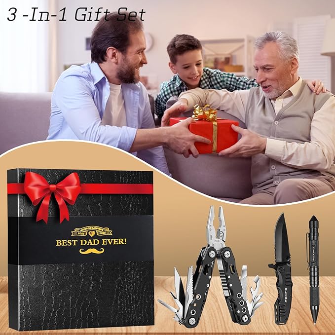 Multitool Gifts for Father, Dad Gift Set with 14 in 1 Multi-tool Pliers, Pocket Knife & Tactical Pen | Premium EDC Survival Kit for Camping, Car Emergency | Unique Practical Gift for Father Dad Him