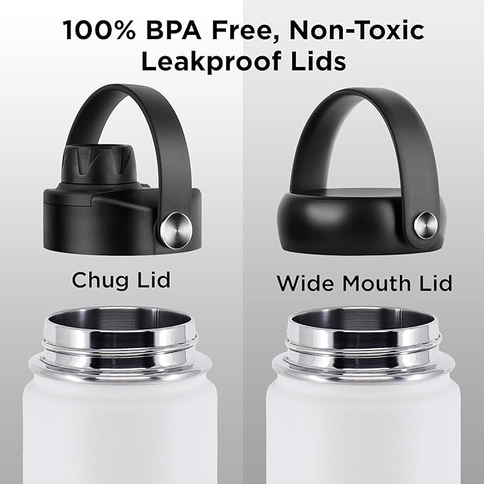 ThermoProof Double-Walled Vacuum Insulated Stainless Steel Water Bottle - Wide Mouth with Chug & Spout Lids, Dishwasher Safe, Reusable, Leakproof, Hot & Cold for Men, Women & Kids - 22oz, Black