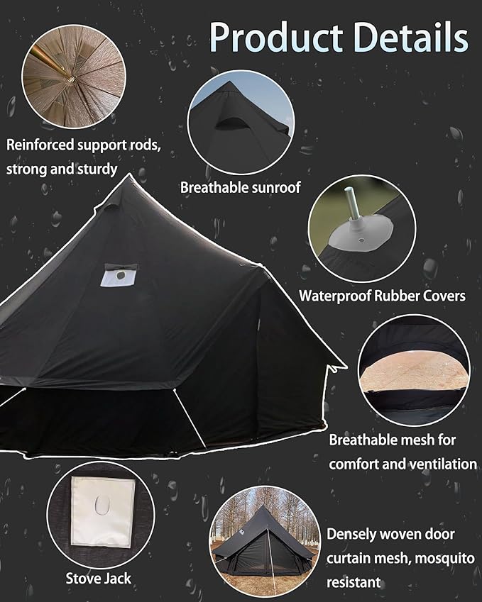 Cotton Canvas Tent Bell - Yurts Breathable and Windproof,Glamping for 6/8/10Person Family Camping