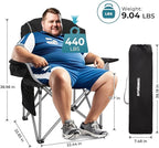 FUNDANGO Folding Camping Chair Heavy Duty, 2 Pack Oversized 440 Lbs Support Outdoor Camp Chairs with Lumbar Support & Cooler Pocket for Fishing Backyard Sports Beach Garden (Black/Grey)