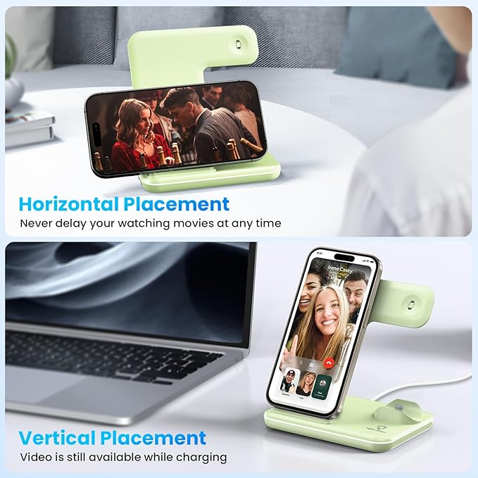 WAITIEE Wireless Charger 3 in 1 Charging Station for for iPhone 16 15 14 13 12 11 X 8 & for Apple Watch, for AirPods 1/2/3/Pro/Pro 2 with Lightning Charging Case(Green)